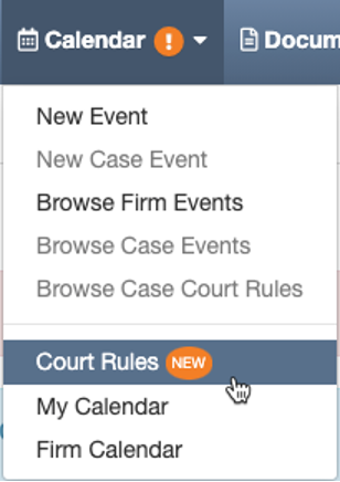 MerusCase Calendar module displaying Court Rules option
