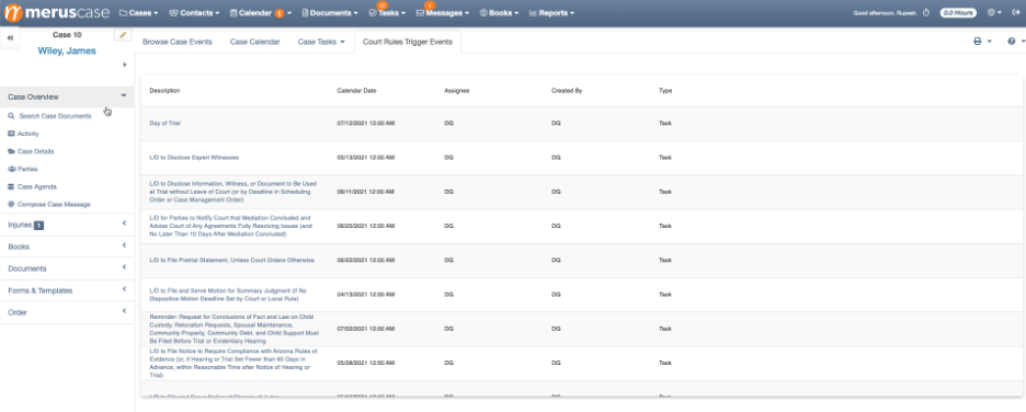 Court Rules Case Agenda view