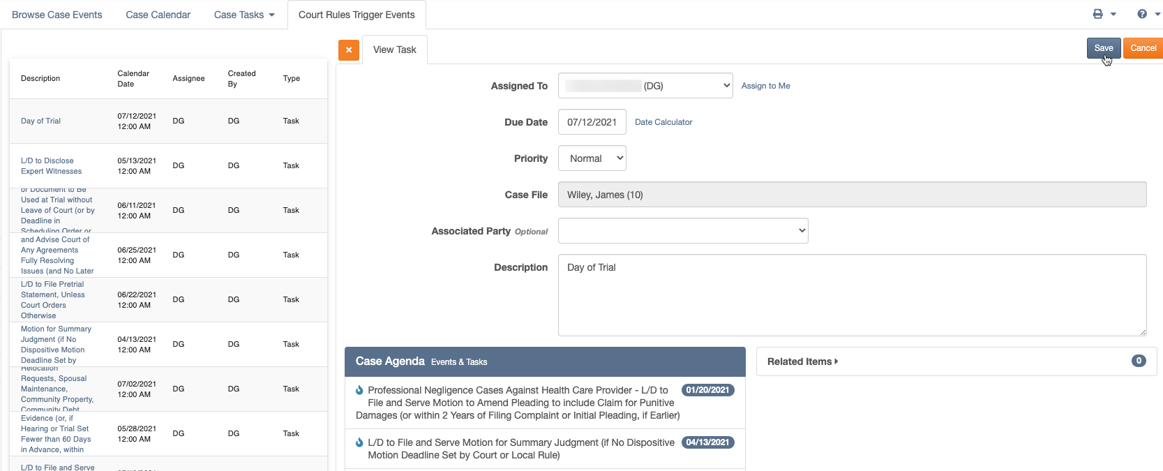 Court Rules Case Agenda view displaying an event being edited