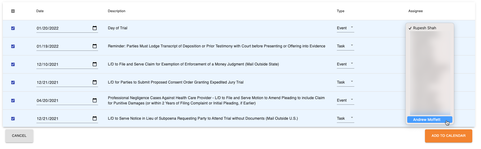 Court Rules calendar items Assignee dropdown menu