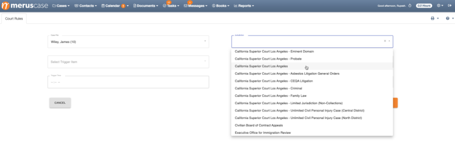 Court Rules tab with Jurisdictions options displayed