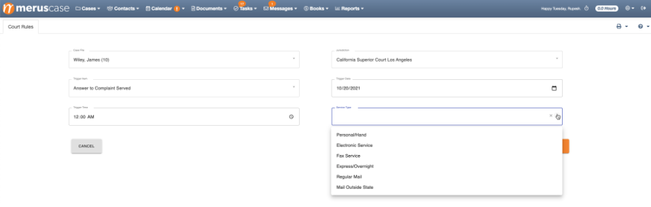 Court Rules tab with Service Type options displayed