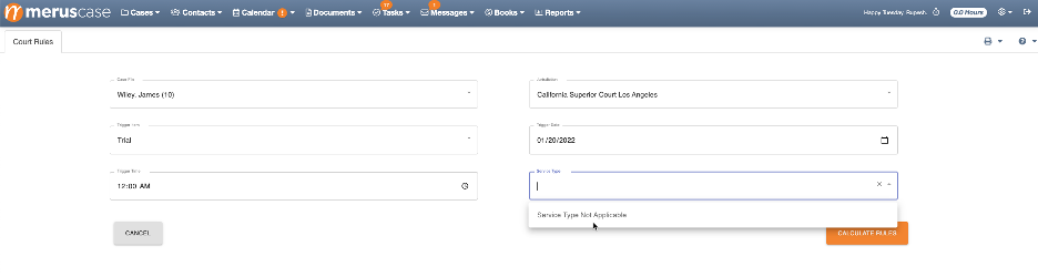 Court Rules tab with no applicable Service Types