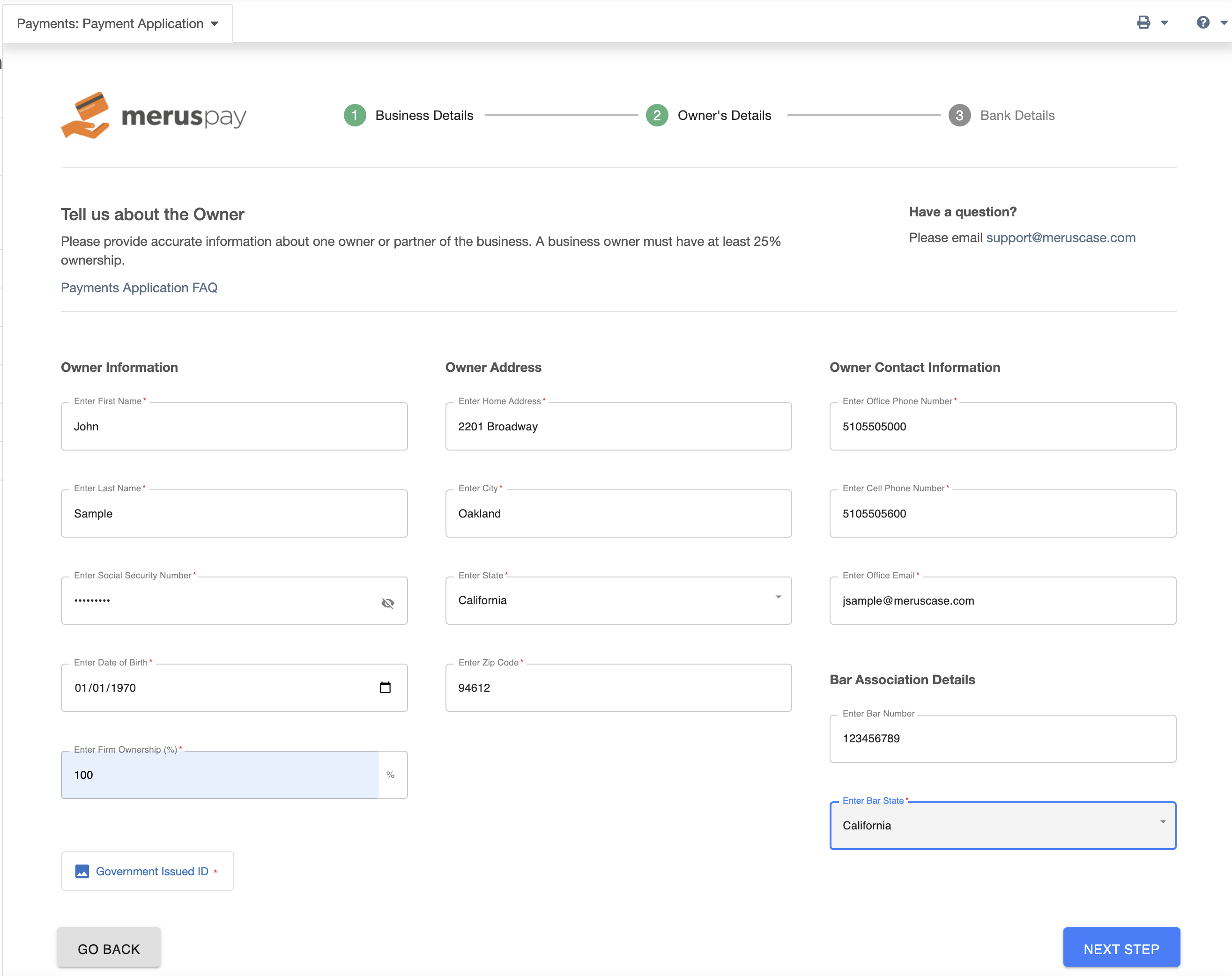 MerusPay Application Step Two