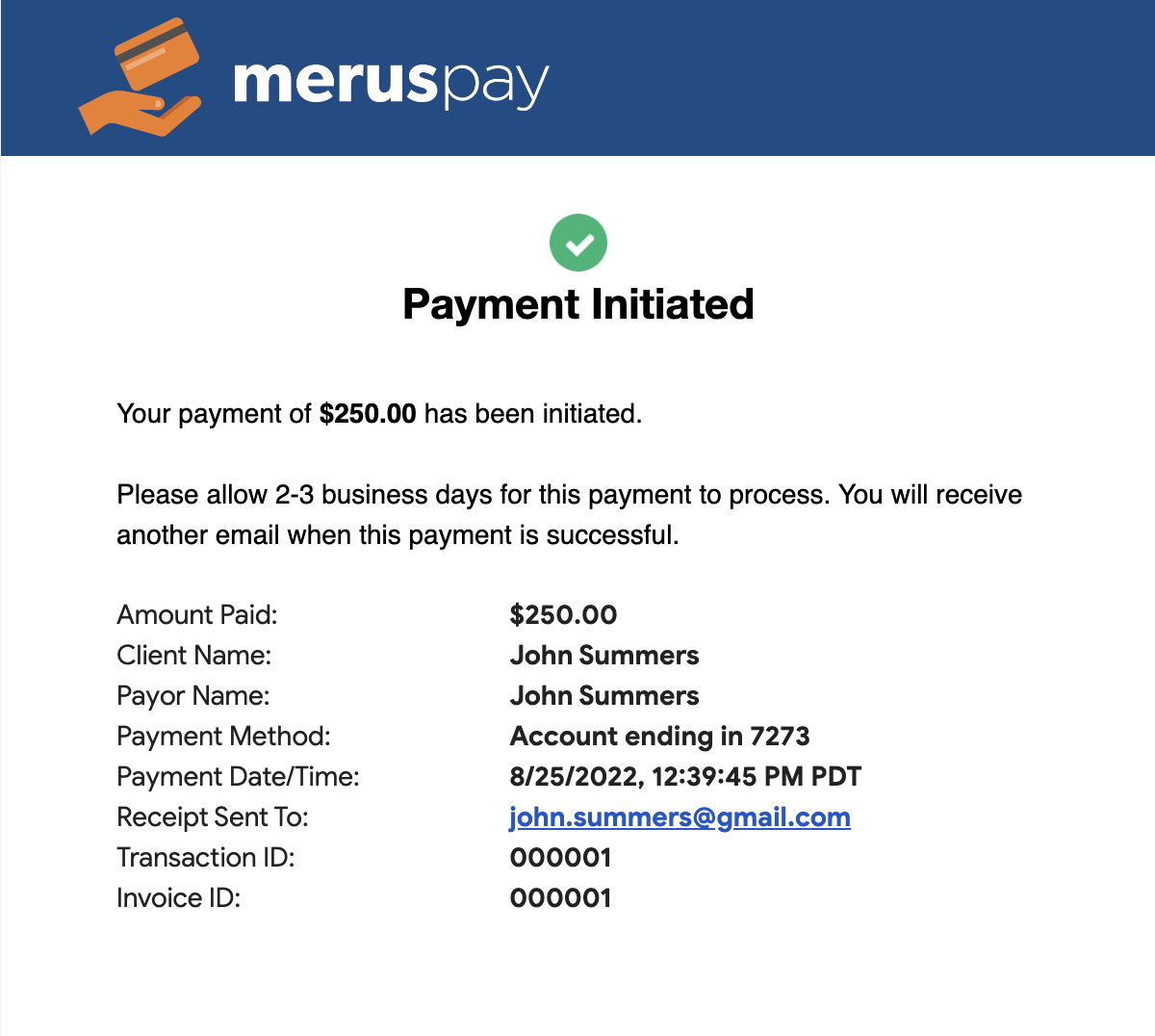 MerusPay Client Initiated Payment Email