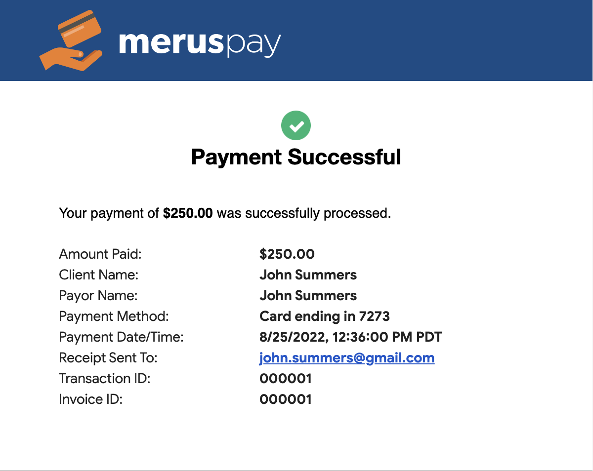 MerusPay Client Processed Payment Email