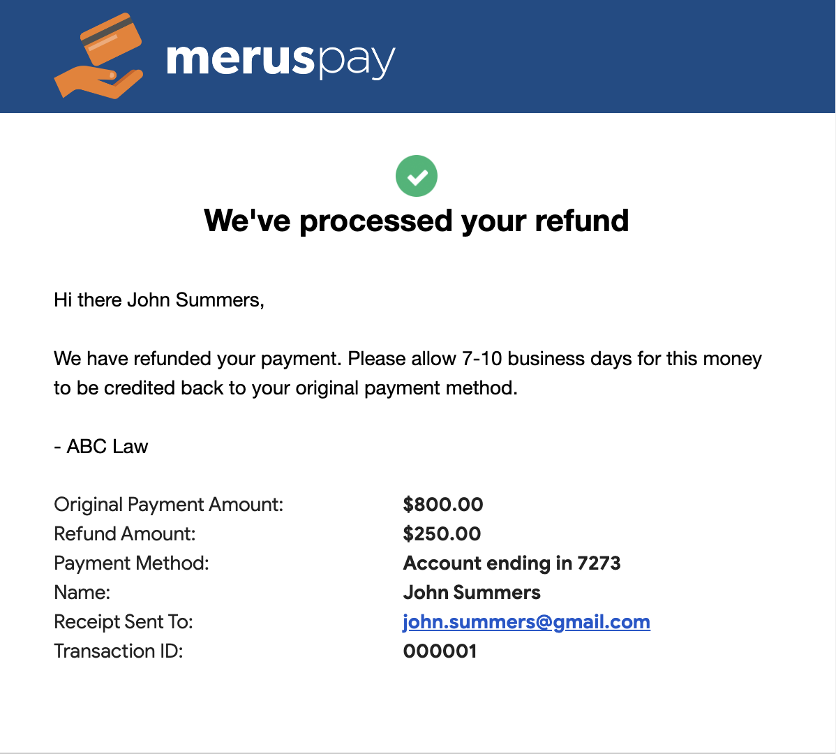 MerusPay Client Refund Email