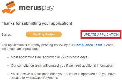 MerusPay Edit Application Page Link