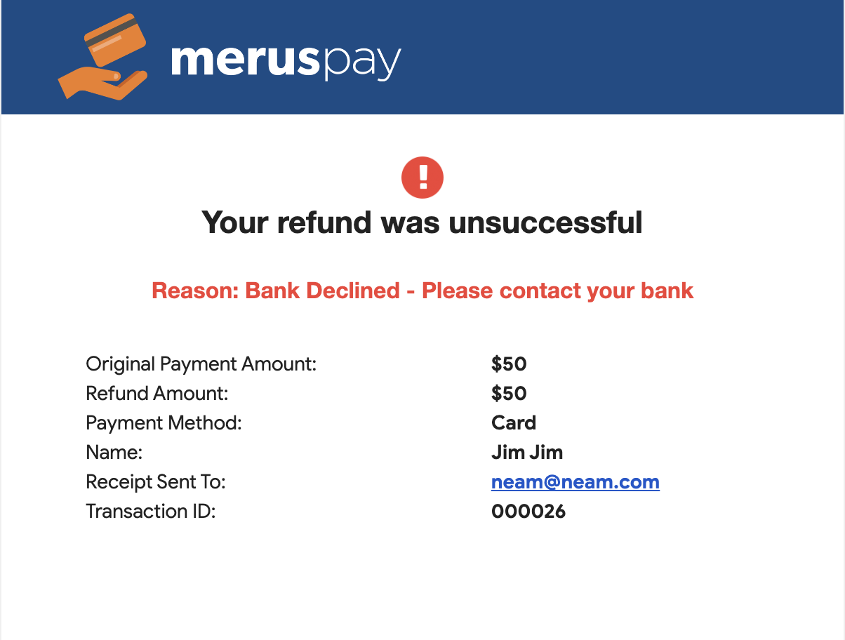 MerusPay Unsuccessful Refund Email