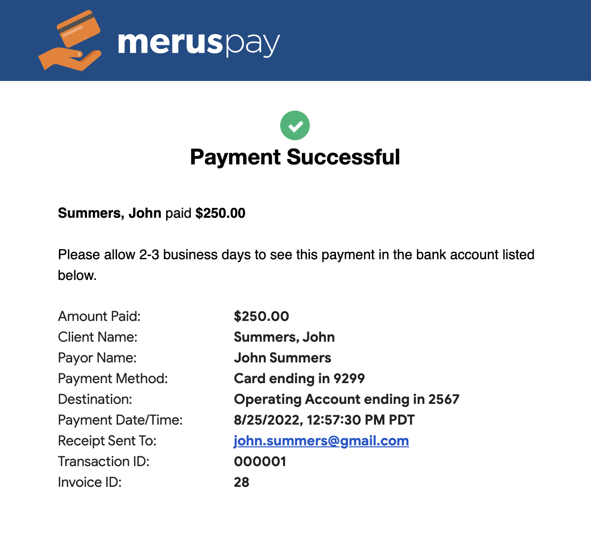 MerusPay Payment Received Email