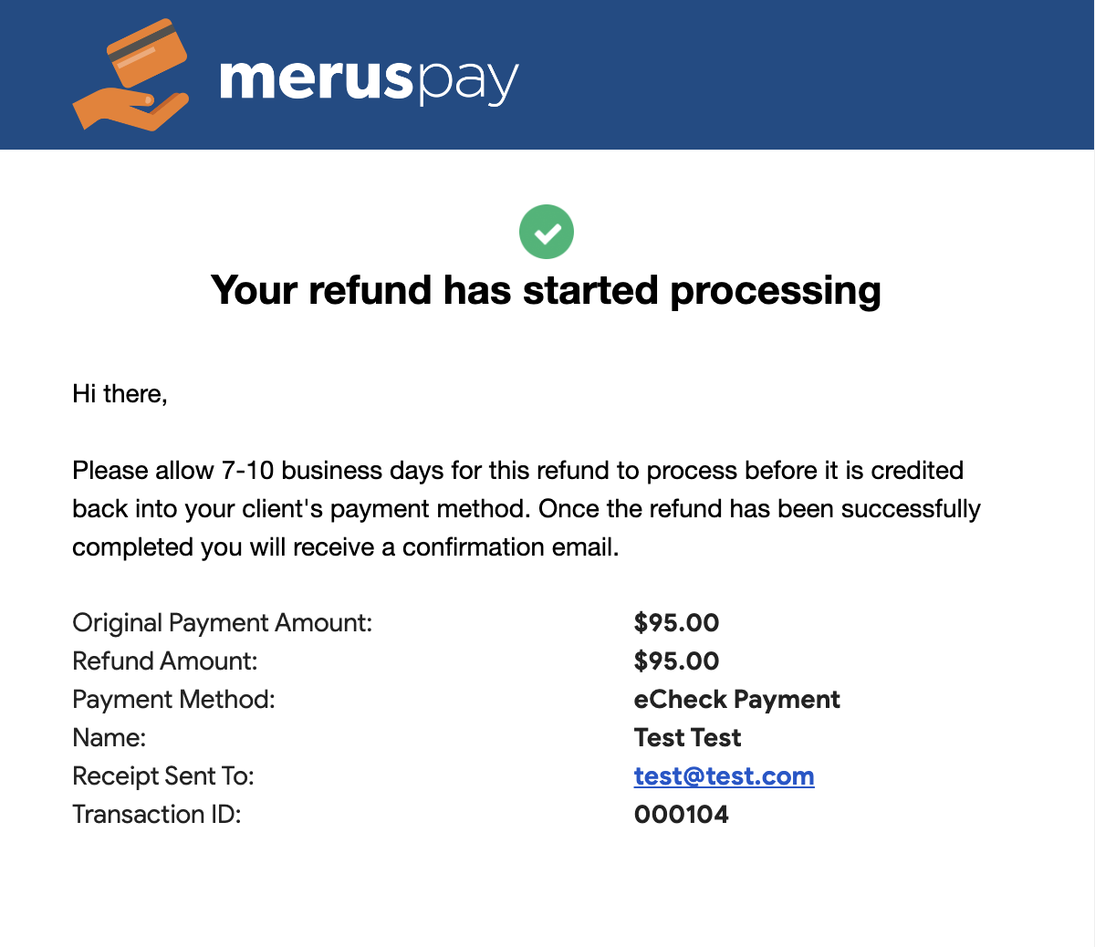 MerusPay Refunded Payment Email