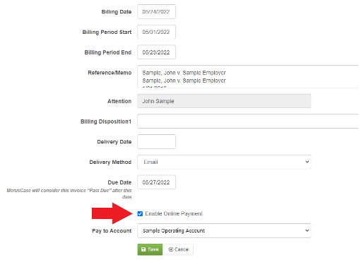 Enable Online Payment Invoice Checkbox