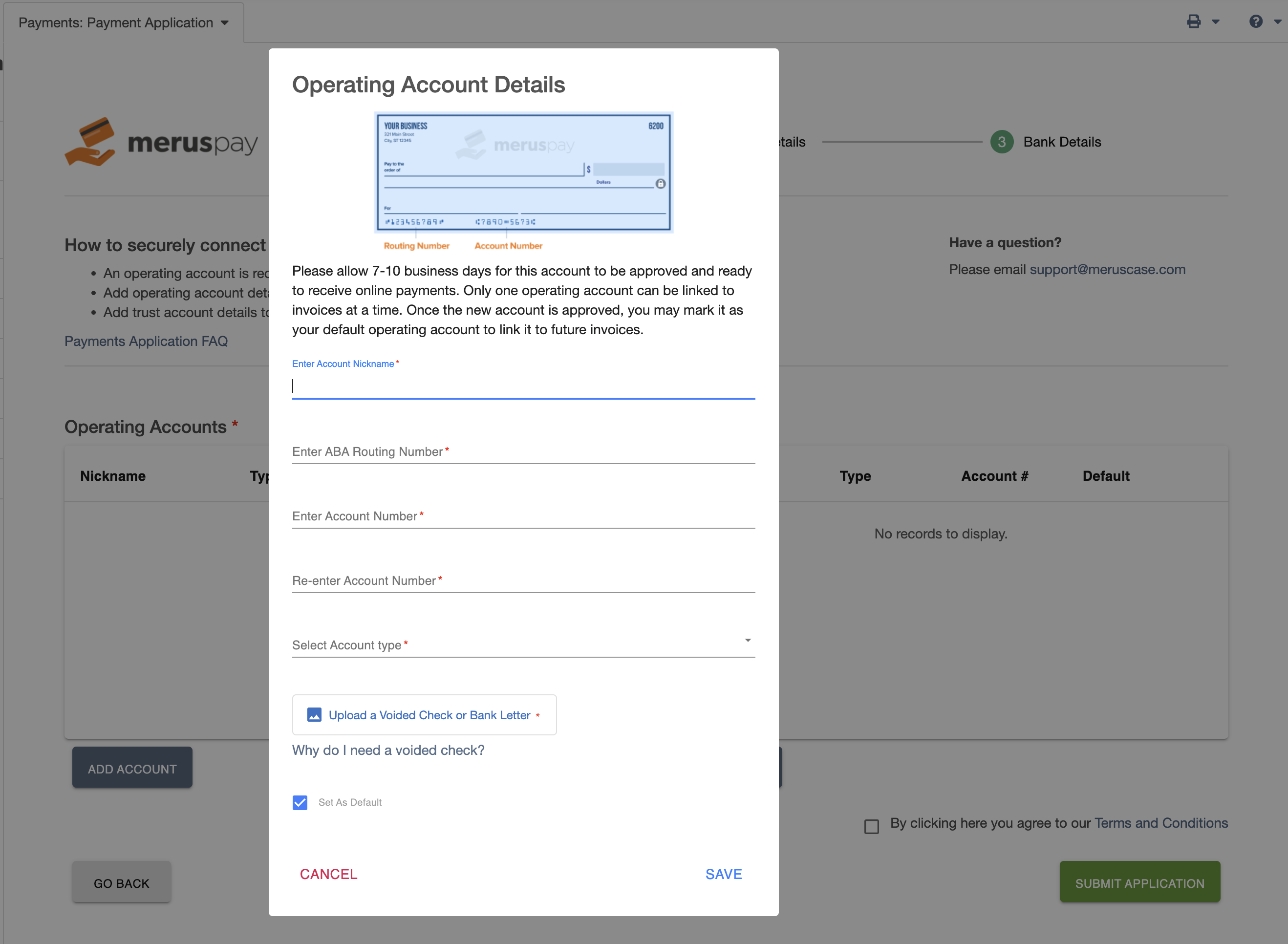 MerusPay Operating Account Details